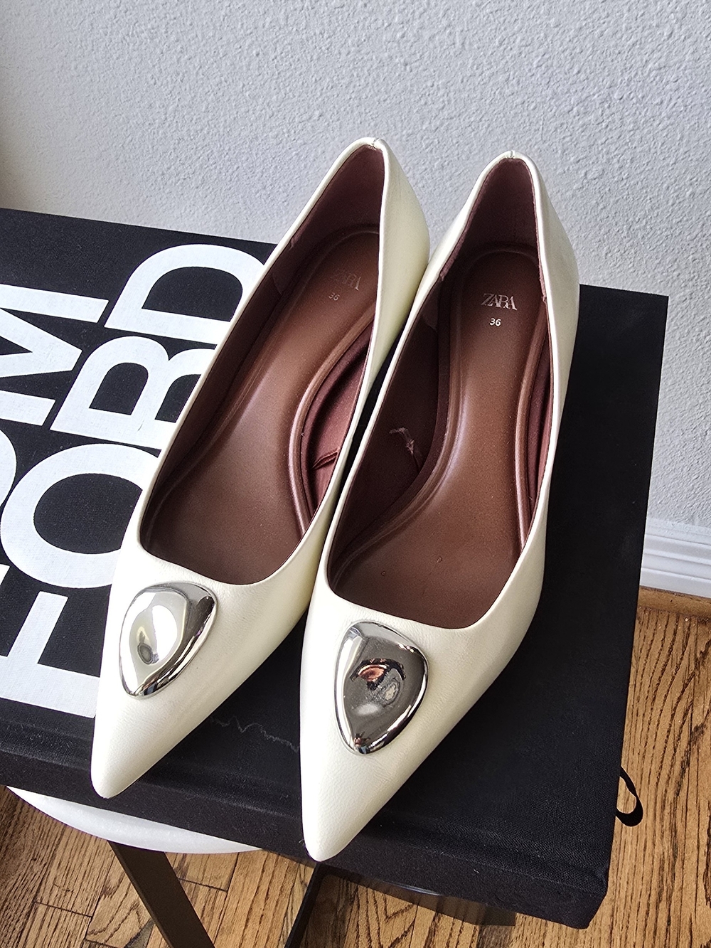 Zara Cream Pointed Ballet Flats with Silver Teardrop Accent